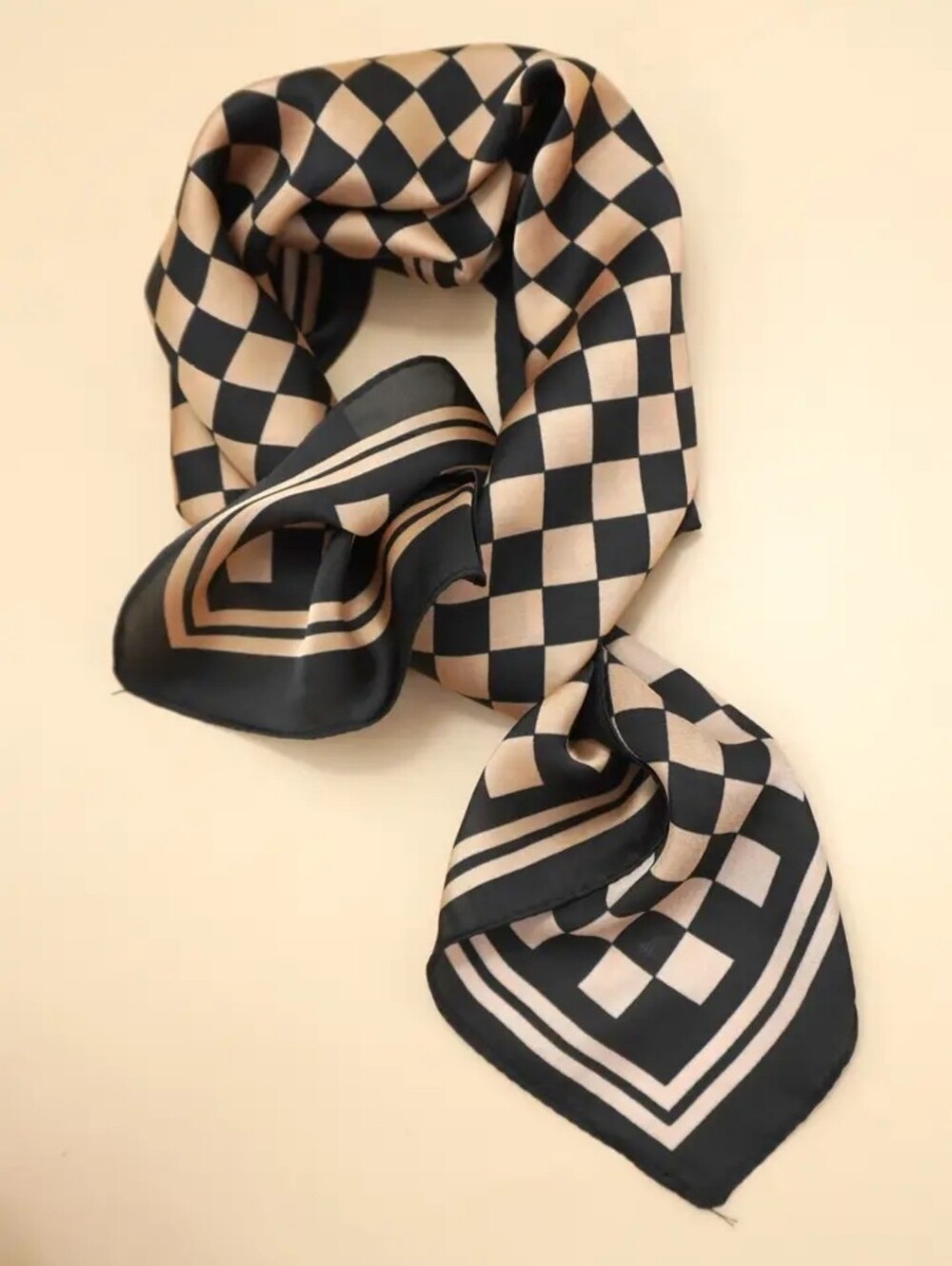 Classic Checkerboard Black & Beige Silk Scarf